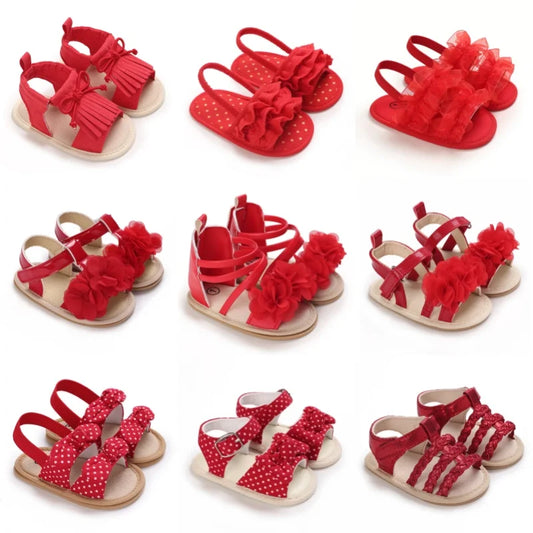 ROJOS!!!! Sandalias de verano para bebé niña, zapatos de bebé de rojo para fiestas, suelas de goma suave, zapatos cómodos e informales de los Primeros pasos para bebé