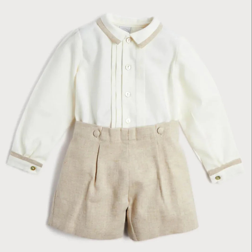 Conjunto de 2 piezas de ropa de boutique para niños, traje español de algodón y lino color caqui de manga larga, traje de bautizo y pajecito para niño