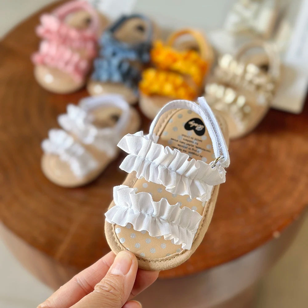 Sandalias Primeros pasos para bebé niñas con volantes, suela suave Premium, antideslizantes, transpirables