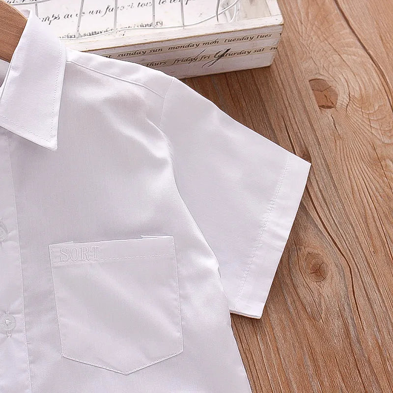 New Summer Boys Shirt Short Sleeve Button A Line Collar Simple White Shirt Light Pocket Decoration Casual