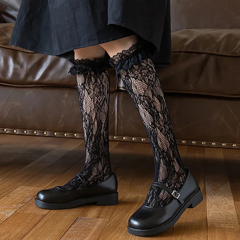 Medias con volantes de malla de encaje fino de verano, calcetines largos hasta la rodilla, blancos y negros ,con volantes para niñas y chicas adolescentes