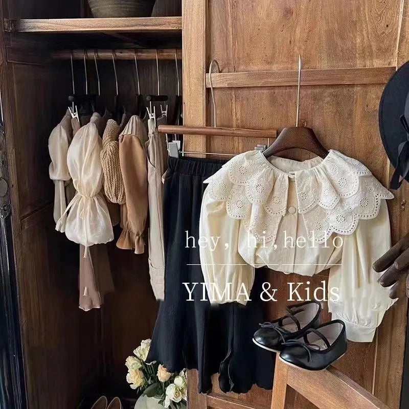 Hermosa blusa de  manga larga con cuello de brodery en volantes para niña, ropa de primavera y otoño retro, moda boutique