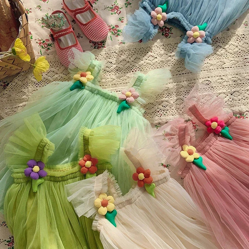 New Summer Girls Sweet Princess Dress T Sweet Princess Dress Pompous Dress Solid Color Flower Decoration(Girls 0-3 Years Old)