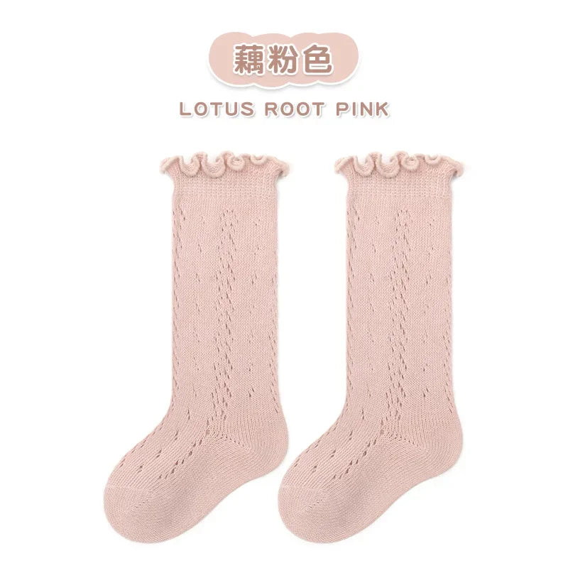 Calcetines largos hasta la rodilla con volantes para bebé y niña, de algodón suave, con encaje y flores, para recién nacidas de 0 a 3 años
