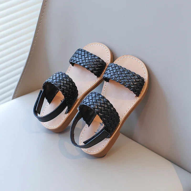 Kids Sandals for Girls 2024 Summer Girls Weave Design Sandals Children Beach Shoes Open Toes Flat Anti-skid Rubber Ankle Strap