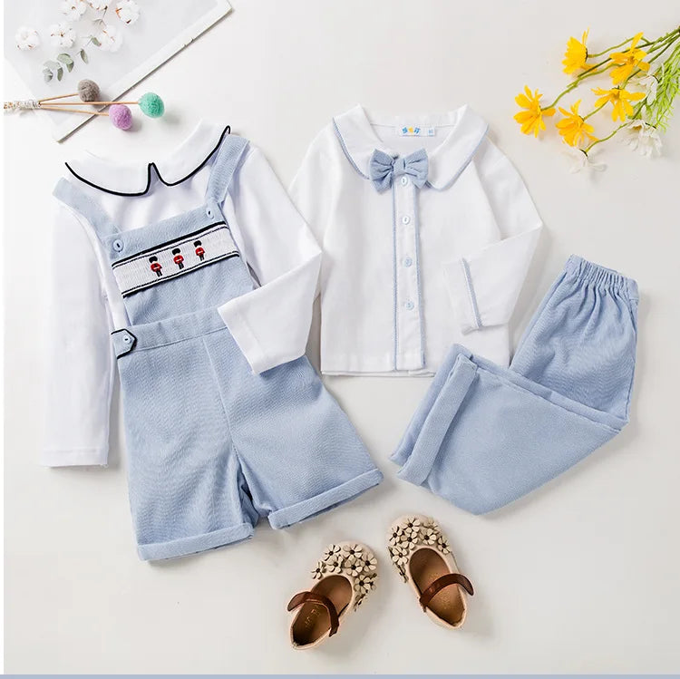 Conjunto de ropa para bebé recién nacido y niño, jardinera, pantalones cortos con tirantes, bordado soldados ingleses, camisa blanca con ribete, moda española