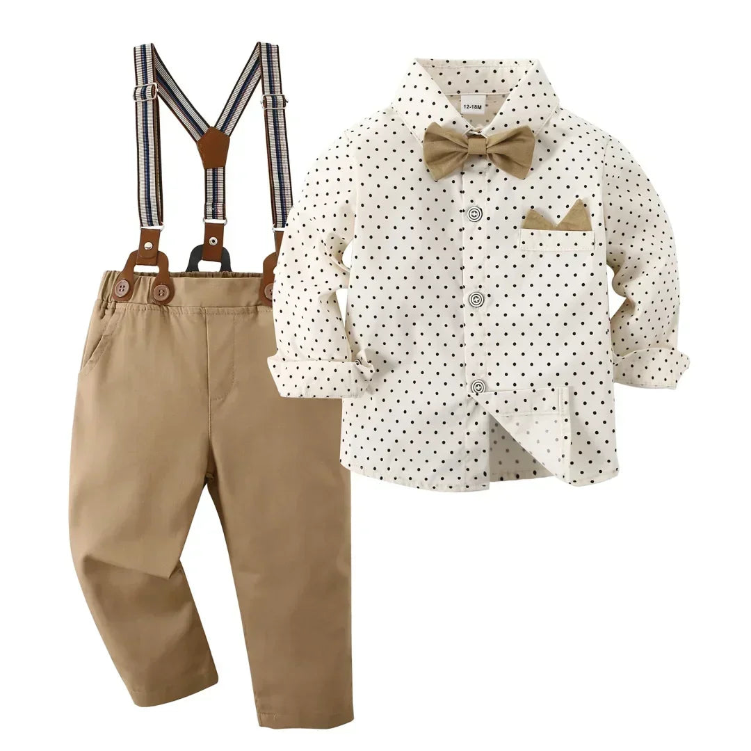 Traje de caballero de primavera y otoño para niño, Camisa estampada de lunares, outfit de fiesta o cumpleaños para niño