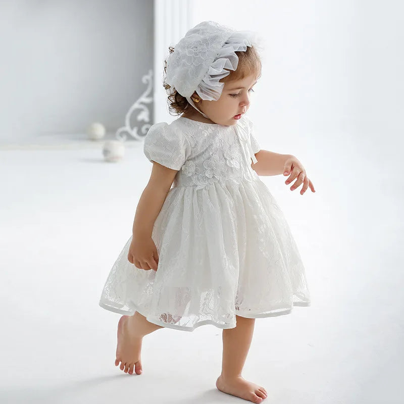 Vestido de encaje blanco para niña, vestido de bautizo para bebé, ropa de princesa para niña, ropa de fiesta para niña con capota
