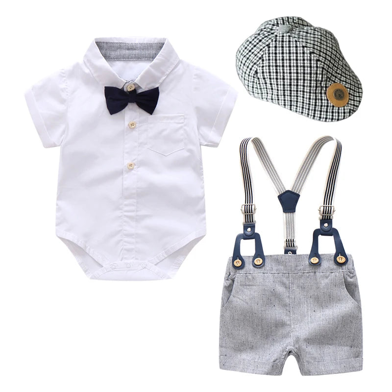 Newborn Baby Boy Summer Formal Clothes Set Bow Wedding Birthday Boys Overall Suit White Romper Shirt Toddler Gentleman Outfit