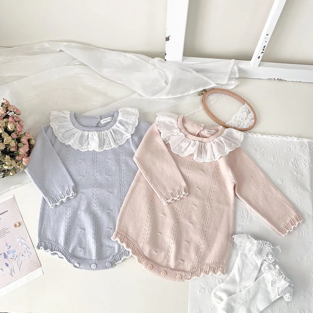 New Lace Baby Knitted Romper Autumn Girl Overall Baby Girls Romper Ruffle Long Sleeve Newborn Baby Clothes Infant Baby Jumpsuits