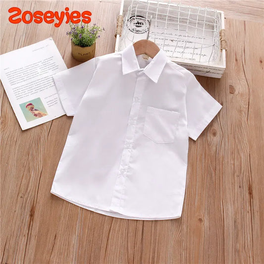 New Summer Boys Shirt Short Sleeve Button A Line Collar Simple White Shirt Light Pocket Decoration Casual