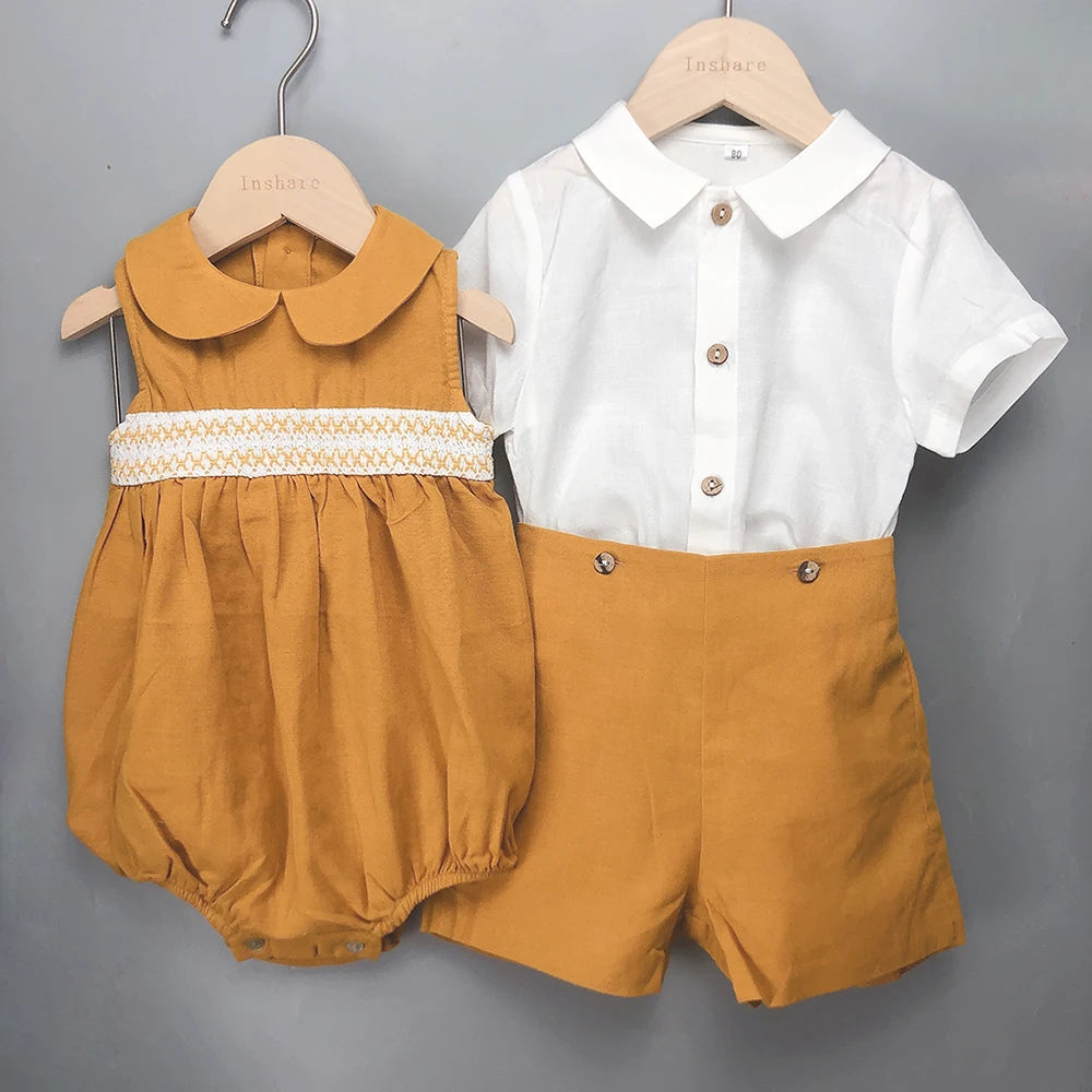 Ropa moda española de boutique para niños, pelele amarillo de verano para niñas, bordado, conjunto de lino y algodón de manga corta,conjunto para hermana y hermano