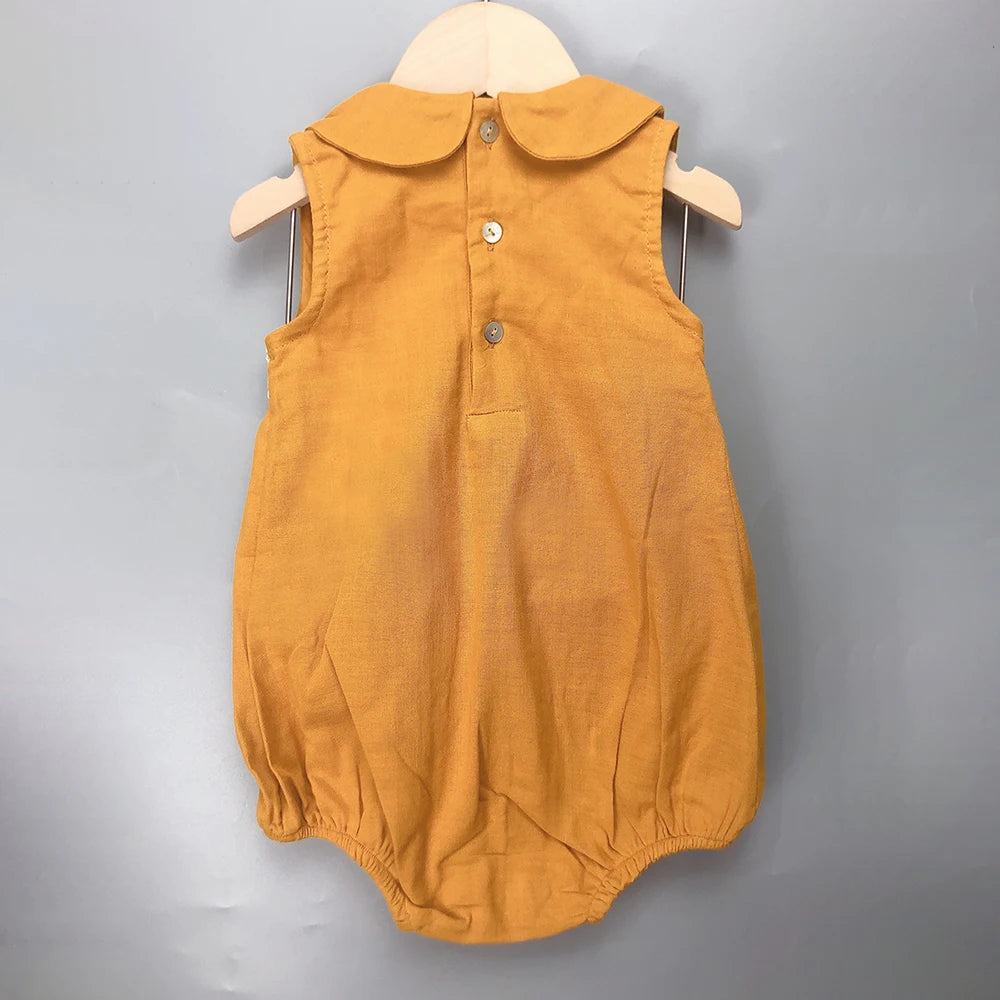 Ropa moda española de boutique para niños, pelele amarillo de verano para niñas, bordado, conjunto de lino y algodón de manga corta,conjunto para hermana y hermano