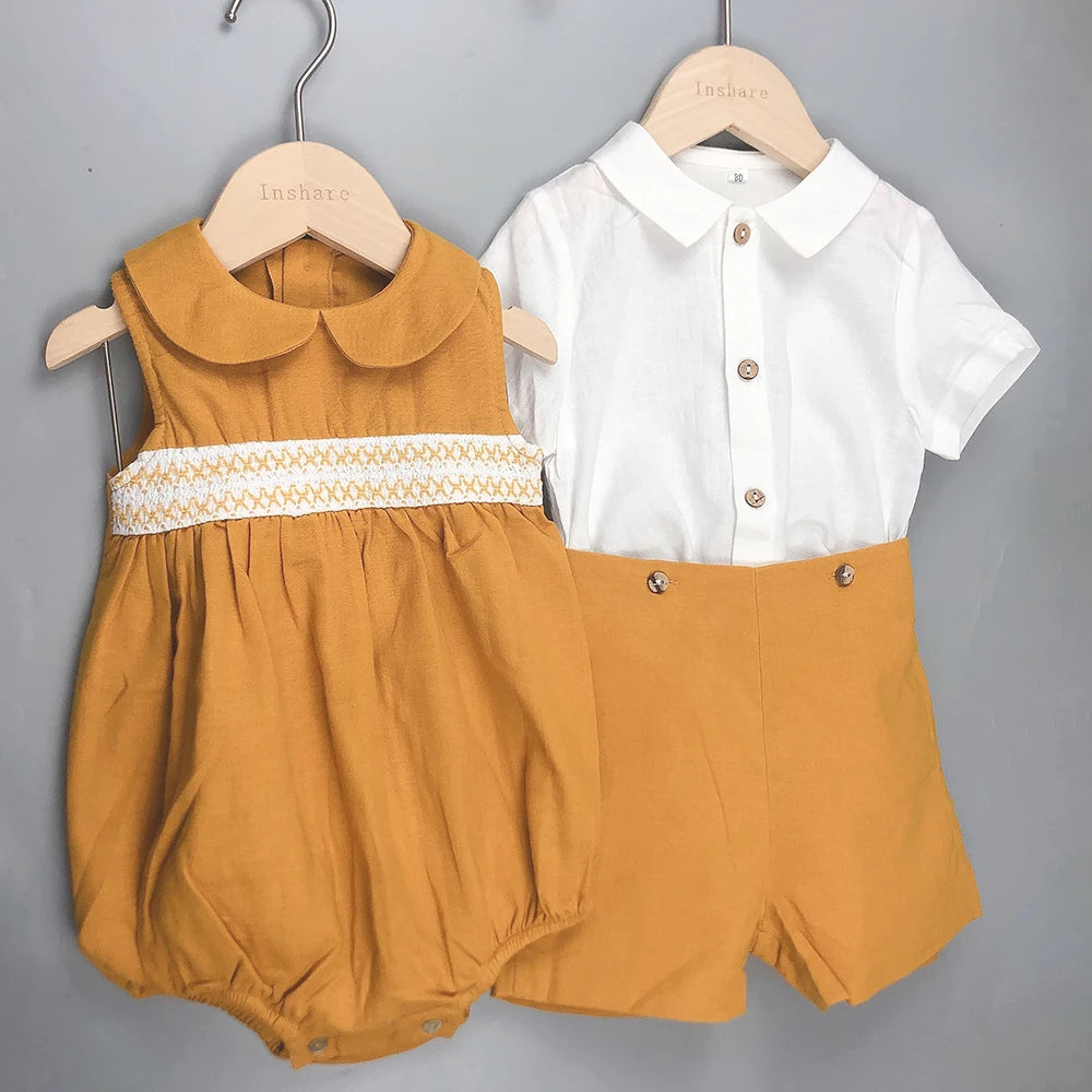 Ropa moda española de boutique para niños, pelele amarillo de verano para niñas, bordado, conjunto de lino y algodón de manga corta,conjunto para hermana y hermano