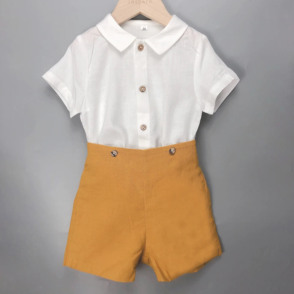 Ropa moda española de boutique para niños, pelele amarillo de verano para niñas, bordado, conjunto de lino y algodón de manga corta,conjunto para hermana y hermano